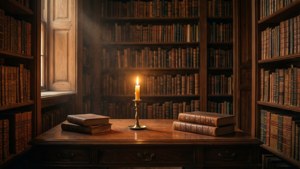 Уютная сцена библиотеки в стиле тёмной академии со свечами и старыми книгами.