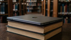 Chromebook, лежащий на книгах в библиотеке, идеально подходит для учебных тем.