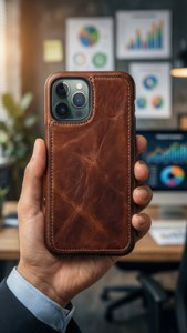 iPhone 11 Pro Max в кожаном чехле в руке профессионала на фоне офиса.