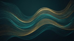 Современные абстрактные обои с переливающимися бирюзовыми и золотыми волнами, идеально подходят для стильного интерьера.