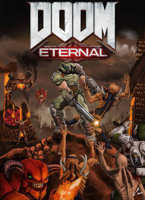 Обои DOOM Eternal, где Думгай уничтожает рядовых и тяжелых демонов — OnePlus Pad Обои