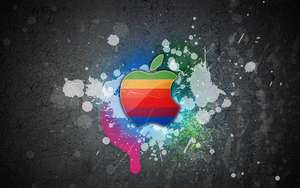 Крутые красочные обои с логотипом Apple MacBook на серой стене с разбрызганной краской