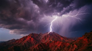 Драматическая гроза с молнией, ударяющей в красную горную вершину