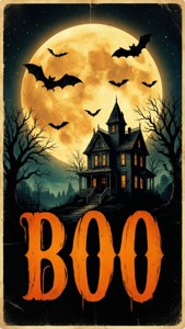 Ретро-постер с луной, летучими мышами, домом с привидениями и надписью BOO — Хэллоуин эстетика Обои