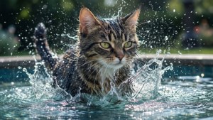Элементальный водяной аниме-кот, играющий в фонтане.