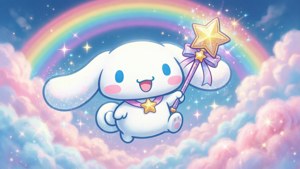 Cinnamoroll летит сквозь радужные облака — мечтательные кавайные обои, полные волшебства.