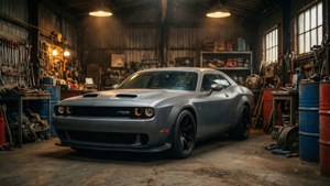 Серый Dodge Challenger Demon в винтажном гараже, обои 4K