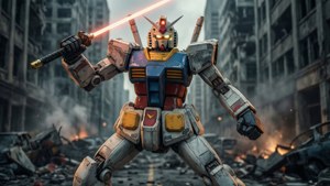 Обои RX-78-2 Гандам в драматической боевой стойке среди разрушенного города.