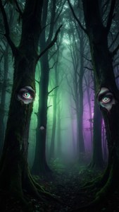 Светящиеся глаза наблюдают из тёмного туманного леса. — Триповый темный эстетика Обои