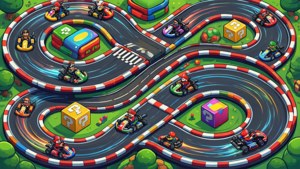 Изометрический вид гоночной трассы Mario Kart с картами на трассе. — Nintendo Обои