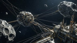 Обои Промышленные гравитационные тросы протянулись через пояс астероидов.