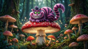 Чеширский кот на гигантском грибе в зачарованном лесу. — Чеширский Кот Обои
