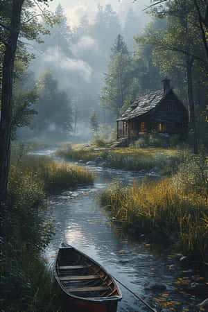 хижина,река,каноэ,травы,тростник,туман,утро,глушь,деревенский,мирный,природа,уютно,4K — iPhone 4 Обои