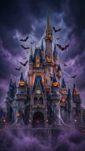 Замок Золушки от Disney, переосмысленный как замок с привидениями на Хэллоуин.