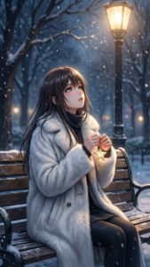 Аниме-девушка сидит на скамейке в снегу под фонарем