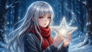 Аниме-девушка с серебристыми волосами и красным шарфом держит светящуюся звезду в заснеженном лесу.