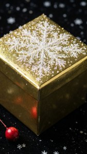 Блестящий золотой подарок со снежинками на черной поверхности с ягодой. — iPhone 7 Обои