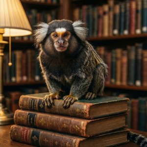 Игрунка, сидящая на книгах в уютной библиотечной обстановке. — Pixel Watch 3 Обои