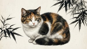Пестрая кошка в стиле живописи тушью