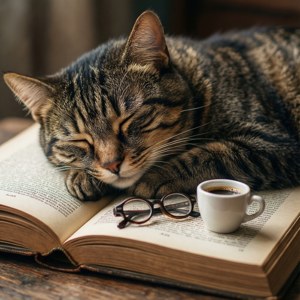 Кот спит на книге в очках и с чашкой кофе. — Кот Обои