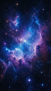 Яркая туманность глубокого космоса с синими и фиолетовыми космическими облаками, идеально подходит для Pixel 9a.
