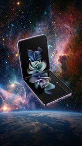 Z Flip 5, парящий в открытом космосе на фоне яркой туманности и звездного неба.