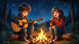 Аниме-дети поют и играют на гитаре у костра под звездами.