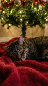 Спящий кот под новогодней елкой с огоньками. — Уютная рождественская эстетика Обои