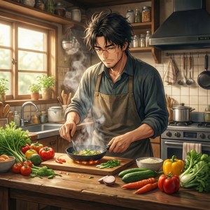 Томэ Курата готовит на уютной кухне с теплым освещением и свежими продуктами. — Pixel Watch Обои