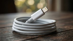 Крупный план кабеля зарядного устройства iPhone, свернутого в бухту на дереве с боке