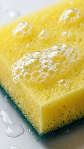 Макросъемка желтой губки с мыльными пузырями и каплями воды.