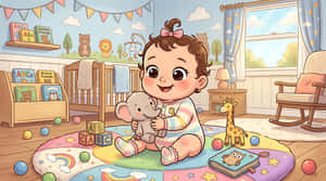 младенец,детская,мультфильм,иллюстрация,ребенок,комната,интерьер,милый,игрушки,грудничок,малыш,игровая,пастель,персонаж,плюшевая игрушка,слон,кроватка,кубики,дизайн,фон