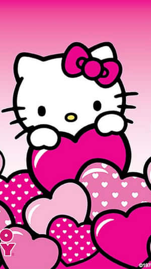 Милый розовый Hello Kitty, обнимающий сердечки