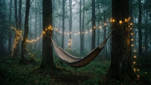 Мрачный лес с волшебными огоньками и гамаком. — Инди эстетика гиф Обои