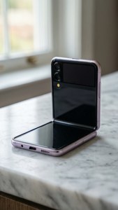 Минималистичный Z Flip 5 на мраморе с мягким пастельным освещением
