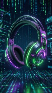 Футуристическая игровая гарнитура с неоновой подсветкой и фоном в стиле матрицы. — Игровая гифка Обои