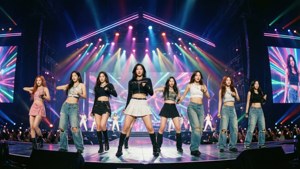 TWICE выступают на яркой сцене с неоновыми огнями. — 트와이스 Обои