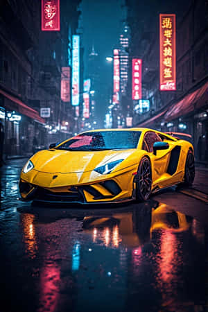 Lamborghini, неоново-желтый, огни города, ночь, футуристический, городской, мокрые улицы, отражения, светящийся, 4K, портретные обои,