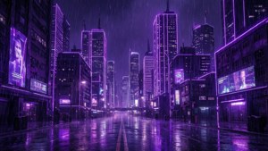 Светящийся неоново-фиолетовый городской горизонт в стиле киберпанк