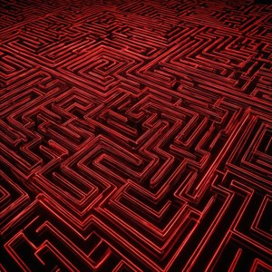 Гипнотический неоновый красный узор лабиринта со светящимися линиями. — Неоново-красный Обои