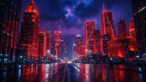 Кинематографичный неоново-красный городской горизонт ночью с мокрыми улицами и киберпанк-атмосферой. — Неоново-красный Обои
