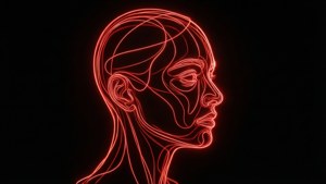 Минималистичный неоновый красный линейный арт профиля лица на черном фоне. — Неоново-красный Обои