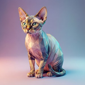 Современный 3D-рендер кошки породы девон-рекс в низкополигональном стиле с пастельными гранеными формами. — Pixel Watch 4 Обои
