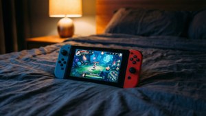Обои Уютные обои с Nintendo Switch на кровати ночью, экран светится