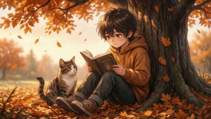 Аниме-ребёнок читает книгу с кошкой под деревом осенью.