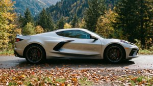 Обои Chevrolet Corvette C8 на горной дороге в осеннем пейзаже.