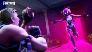 Розовый персонаж-медведь бежит к мужскому персонажу. HD обои Fortnite.