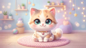 котёнок, кошка, чиби, кавай, милый, иллюстрация, мультфильм, пастель, питомец, животное, большие глаза, очаровательный, гирлянды, уютный, комната, интерьер, цифровое искусство, 3D-рендер, сладкий, пушистый