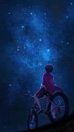 Парень на красном велосипеде смотрит в ночное аниме-небо — Аниме телефон Обои