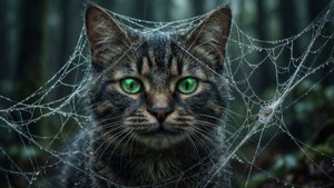 Чеширский кот, запутавшийся в паутине со светящимися глазами. — Чеширский Кот Обои